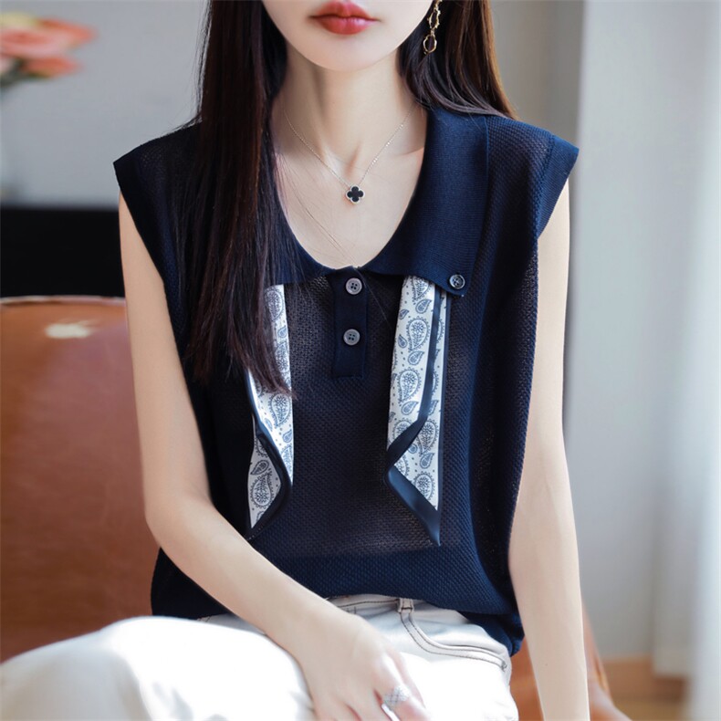 时尚翻领丝巾针织无袖背心上衣女2025夏季新款韩版小众简约T恤衫,针织衫/毛衣,源达羊绒