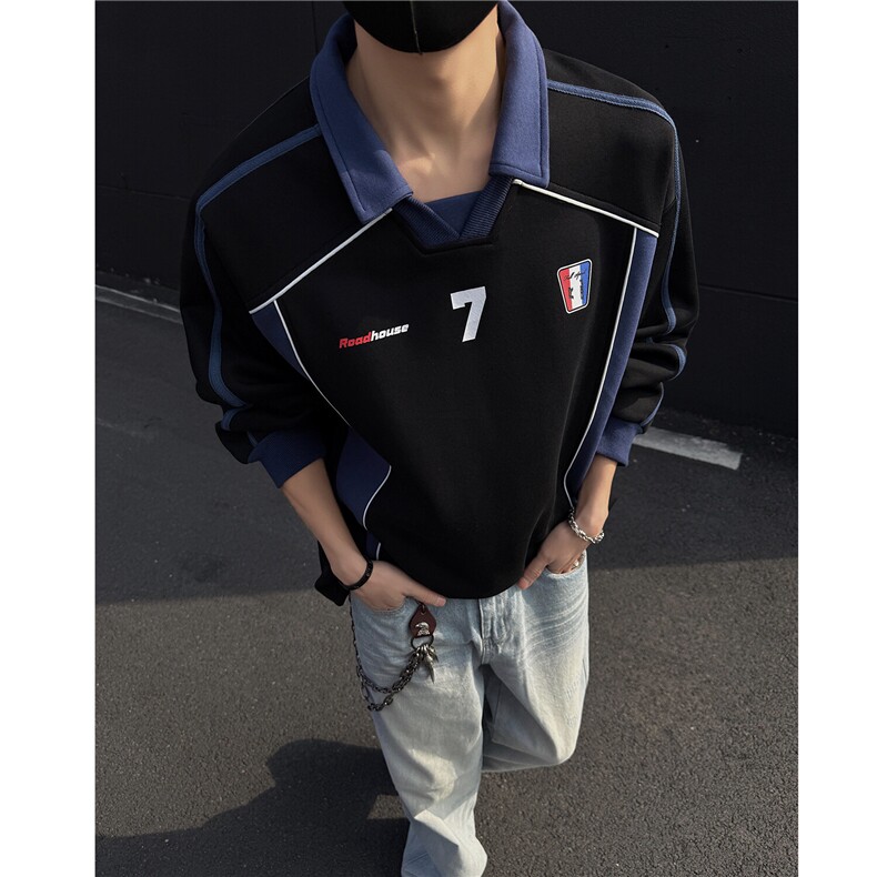 美式复古拼接设计感运动风polo领情侣卫衣宽松外套男H1059P68,男装卫衣,电商A341