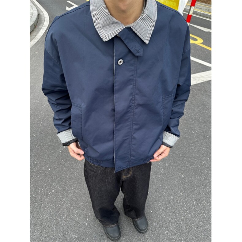 格纹撞色拼接夹克上衣男女春秋宽松休闲情侣痞帅工装外套J6818,男装夹克,星座1116A（原606A-3）
