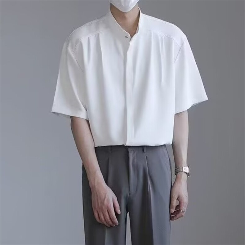 新中式立领男士衬衫短袖夏季冰丝痞帅高级感男装五分中袖无领衬衣,男装T恤,星座506A