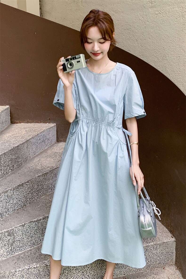 蓝色简单大方圆领短袖连衣裙女2025夏季新款掐腰显瘦甜美减龄长裙,女装连衣裙,1C078