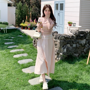 粉色设计感假两件连衣裙夏季女新款甜美修身显瘦小个子减龄长裙子图片