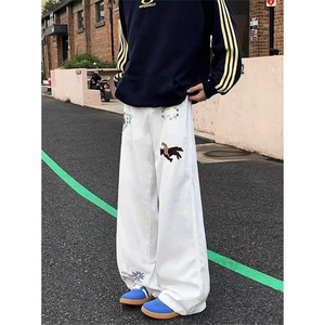 风刺绣牛仔裤男女春季高街阔腿长裤宽松百搭微喇裤子 N9802图片