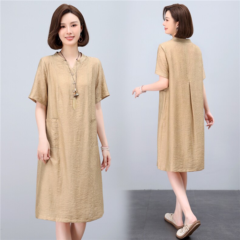 dpqb轻薄天丝连衣裙女2025夏季新款中年妈妈遮肚宽松大码中长裙子，女装连衣裙，依恋蒂丝