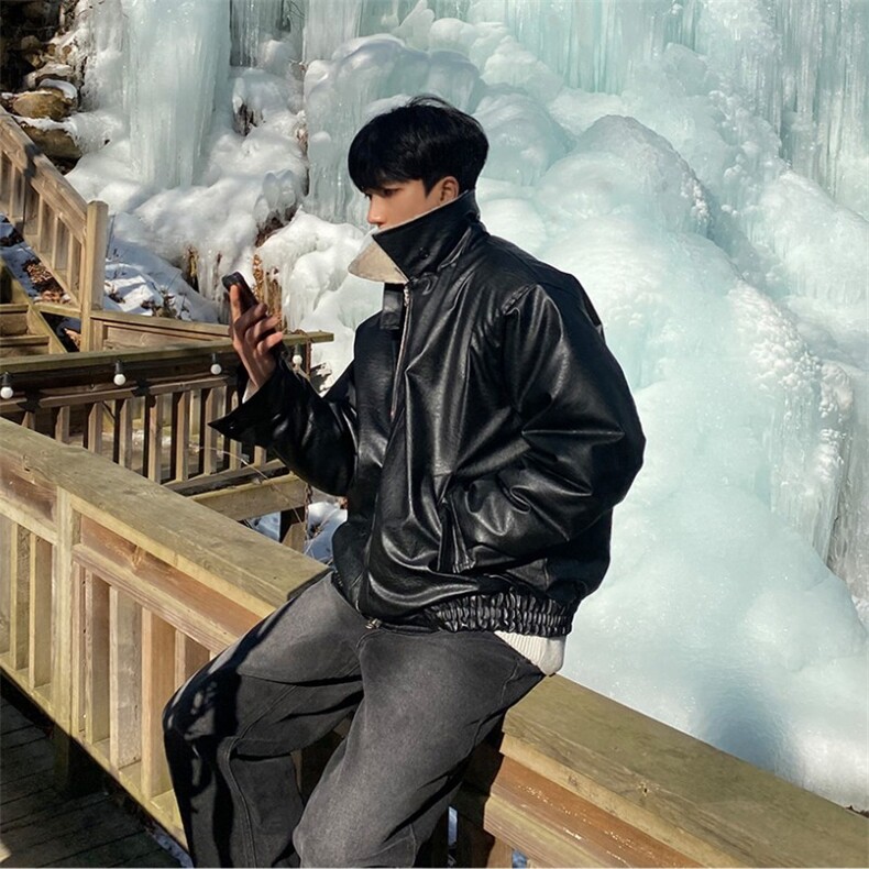 816B-PY010-P130冬季韩男士羊羔毛翻领皮衣宽松阔版外套，男装皮衣，星座816B