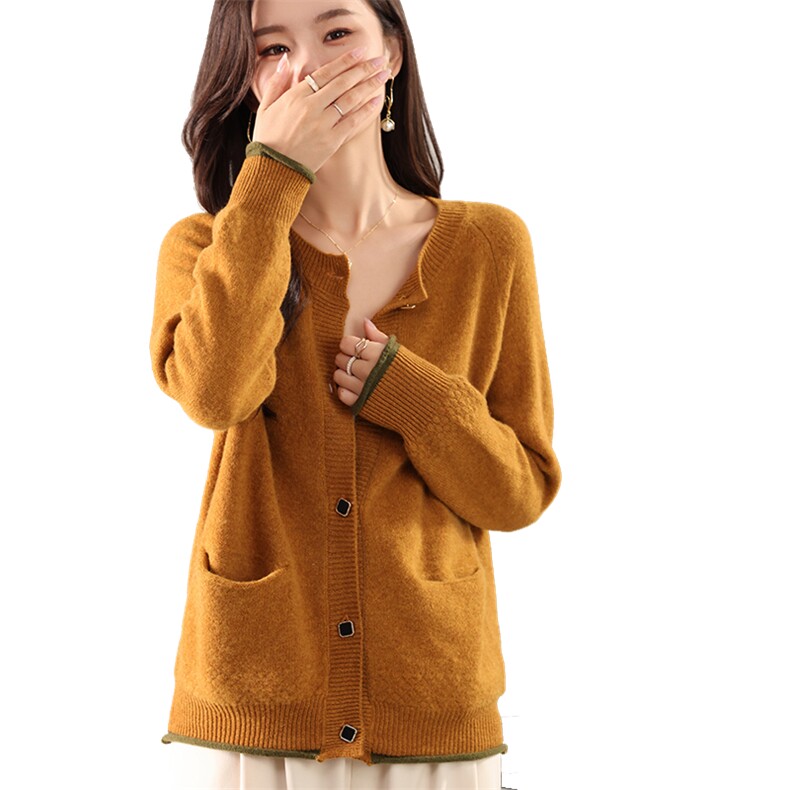 针织上衣2024秋装新款简约时尚显瘦女士单排扣羊毛外套,女装羊毛衫,若菲羊绒