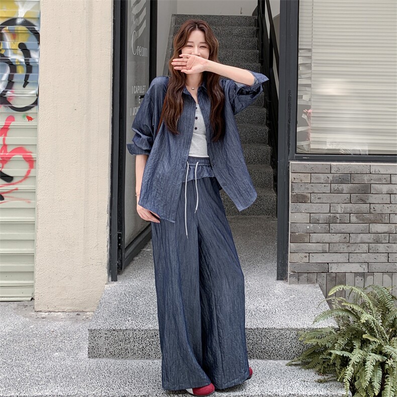 高级小众穿搭韩系chic蓝色衬衫套装女初春秋超火好看阔腿裤三件套,女装套装/套裙,2C056