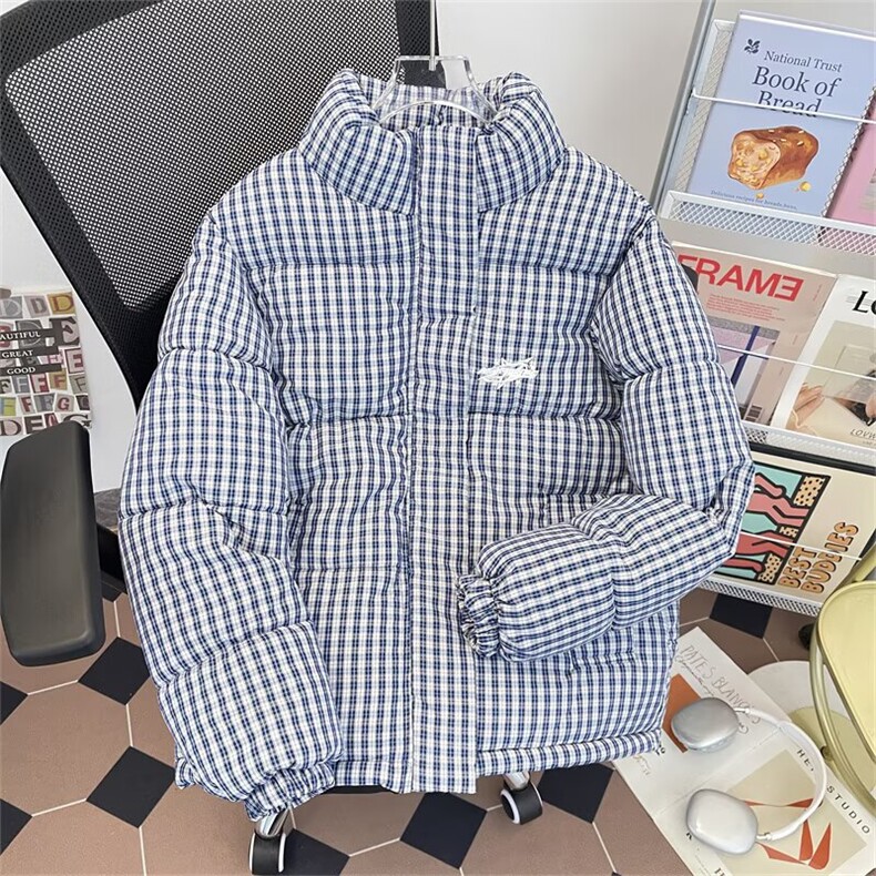 加厚男女立领棉衣千鸟格字母刺绣棉服面包服手塞棉图片