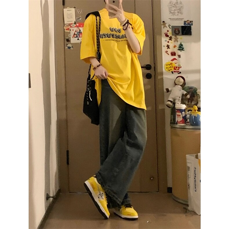 黄色重磅t恤美式正肩纯棉垫肩短袖阔肩半袖T恤T2459-P45,男装T恤,星座1213