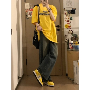 黄色重磅t恤美式正肩纯棉垫肩短袖阔肩半袖T恤T2459-P45图片