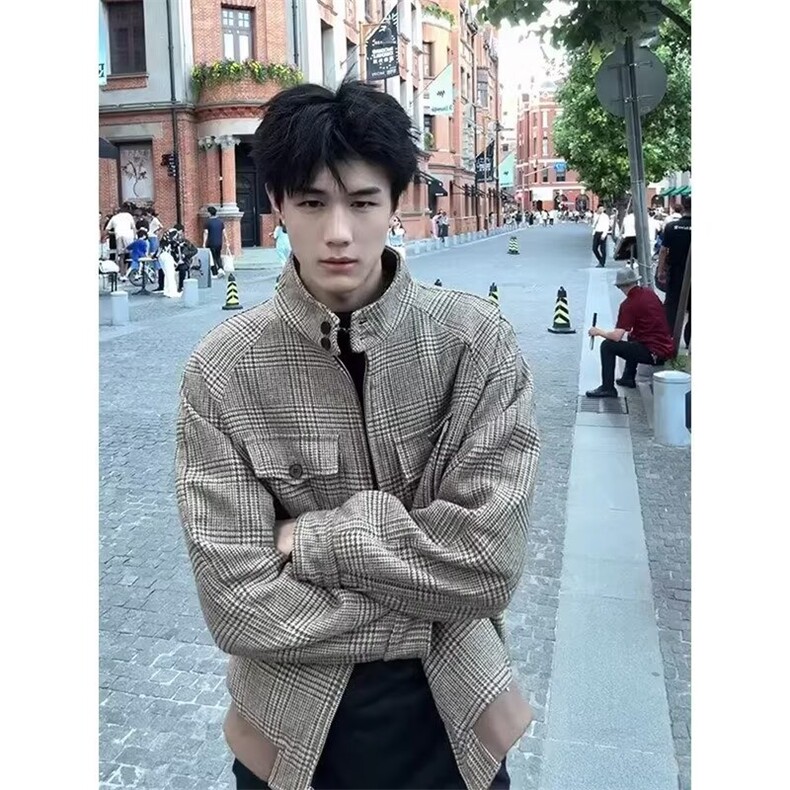 美式复古千鸟格毛呢外套时尚痞帅休闲潮牌男夹克 513AJK2421P67图片