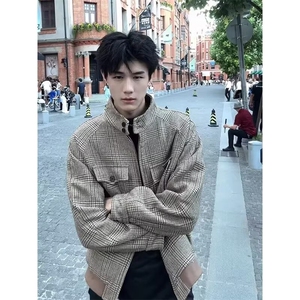 美式复古千鸟格毛呢外套时尚痞帅休闲潮牌男夹克 513AJK2421P67图片