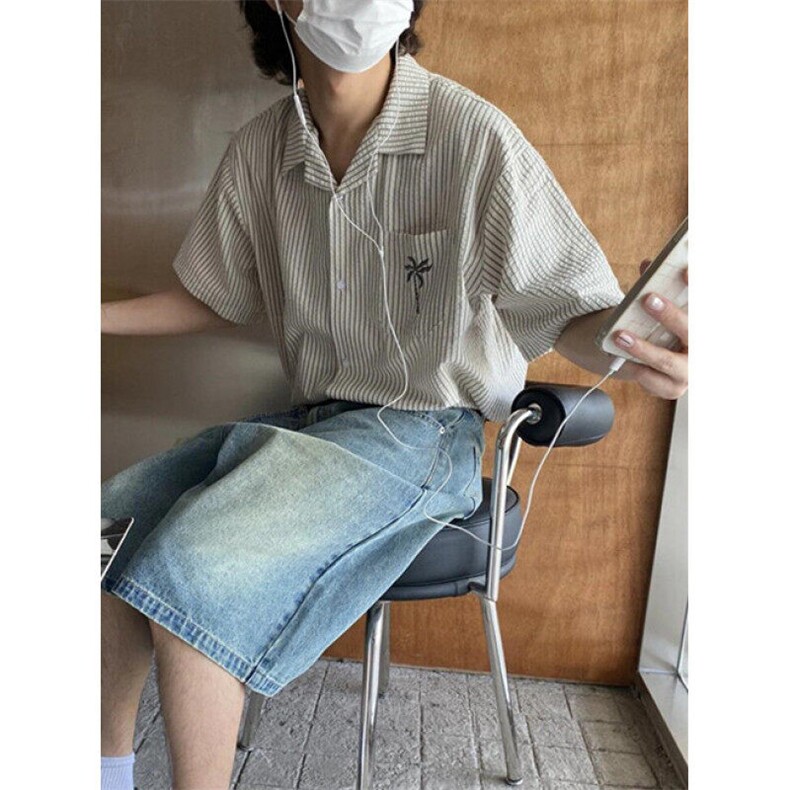 条纹半袖衬衫男士夏季新款日系复古短袖衬衣宽松休闲外套CB336,男装T恤,星座1116A（原606A-3）