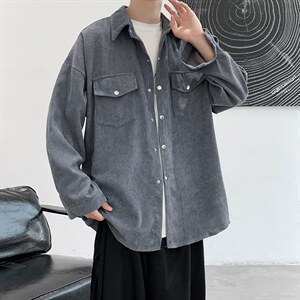 2025春夏新款灯芯绒港风纯色方领长袖休闲衬衫上衣D201-DM76-P45图片