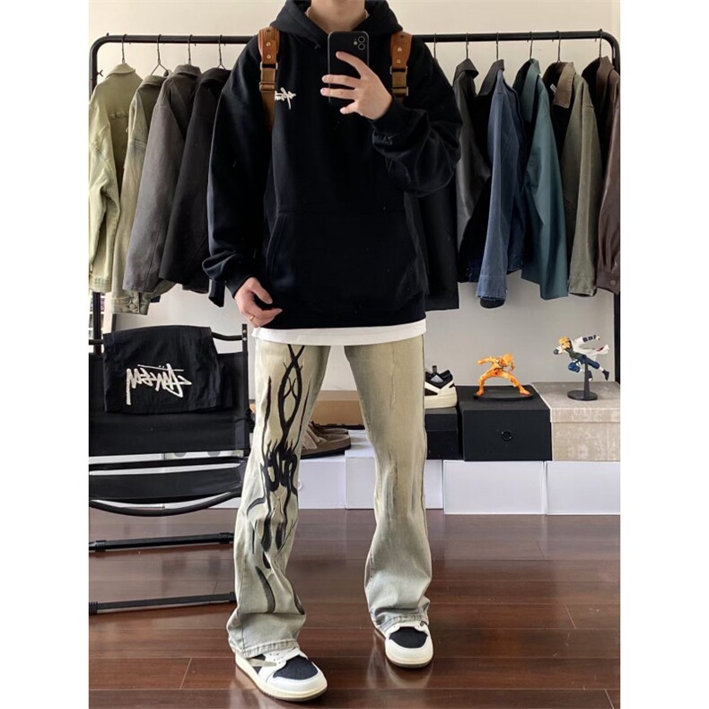 【有货】美式高街黄泥色牛仔裤男款直筒火焰残影裤子NZ05HH-特P58,男装牛仔裤,星座1007（原301D）