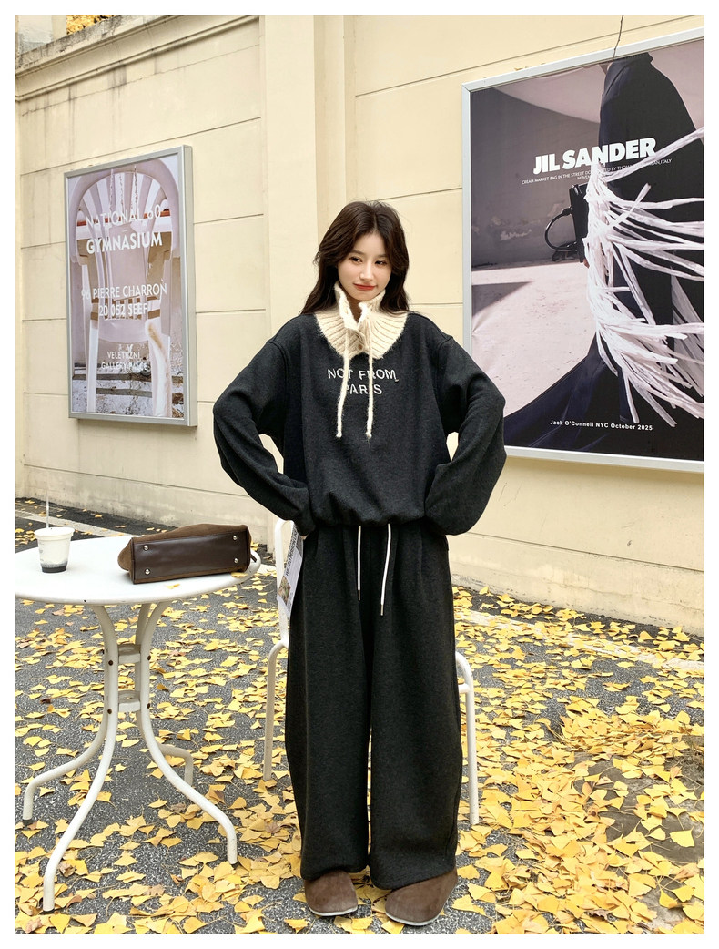 灰色复古针织立领拼接卫衣套装女2026冬韩系休闲运动阔腿裤两件套,女装套装/套裙,2C159