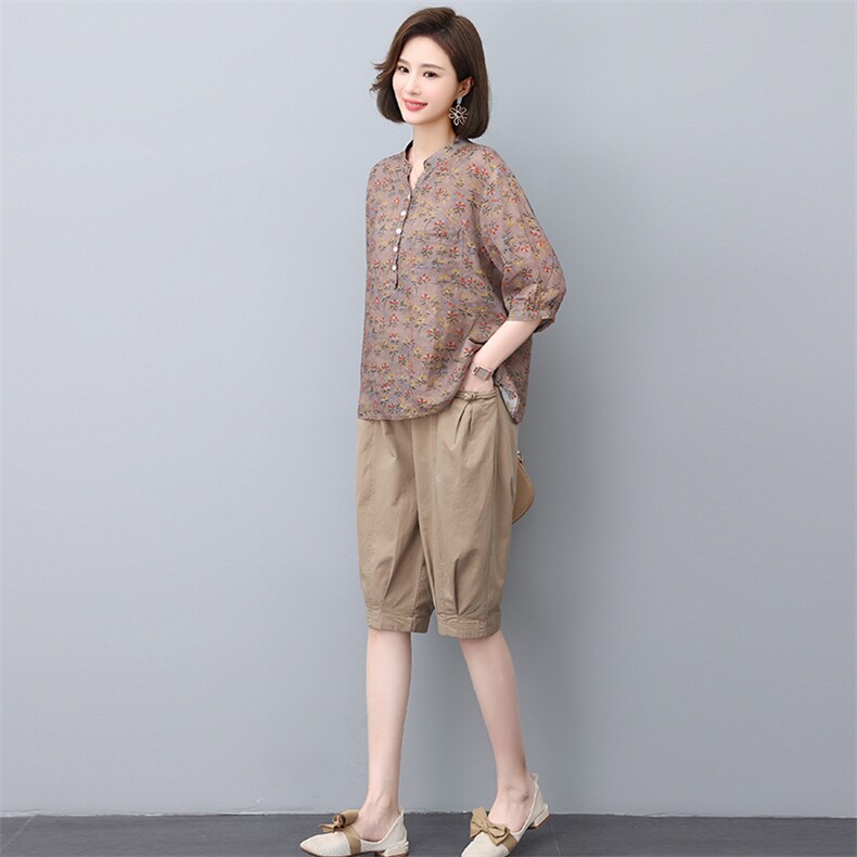 夏季纯苎麻上衣裤子两件套2022年夏季女款中年妈妈时尚套装,女装套装/套裙,忆绮罗