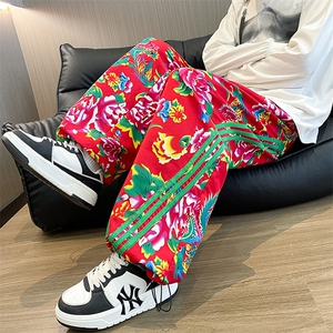 KF1条纹大花休闲裤九分哈伦运动新中式汉服表演出男女裤子团队潮