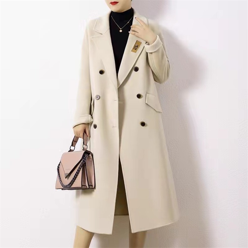 双面羊毛大衣女中长款秋冬新款小个子修身腰带羊毛毛呢外套，女装毛呢外套，美吧服饰