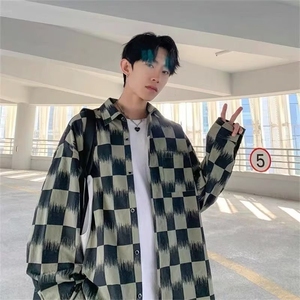 棋盘格衬衫男潮春季美式暗黑系潮流黑白格纹衬衣潮嘻哈休闲外套图片