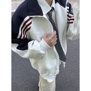 抖音得物高品质 美式高街重磅结构织带拼接撞色立领卫衣外套 CM41图片