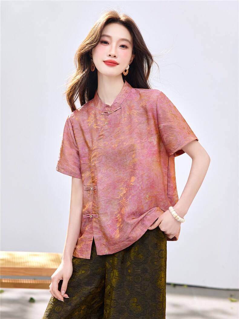 长期现货2026新中式印花上衣女夏季薄款透气短袖衬衫中老年妈宽松,女装衬衫,璐依舞