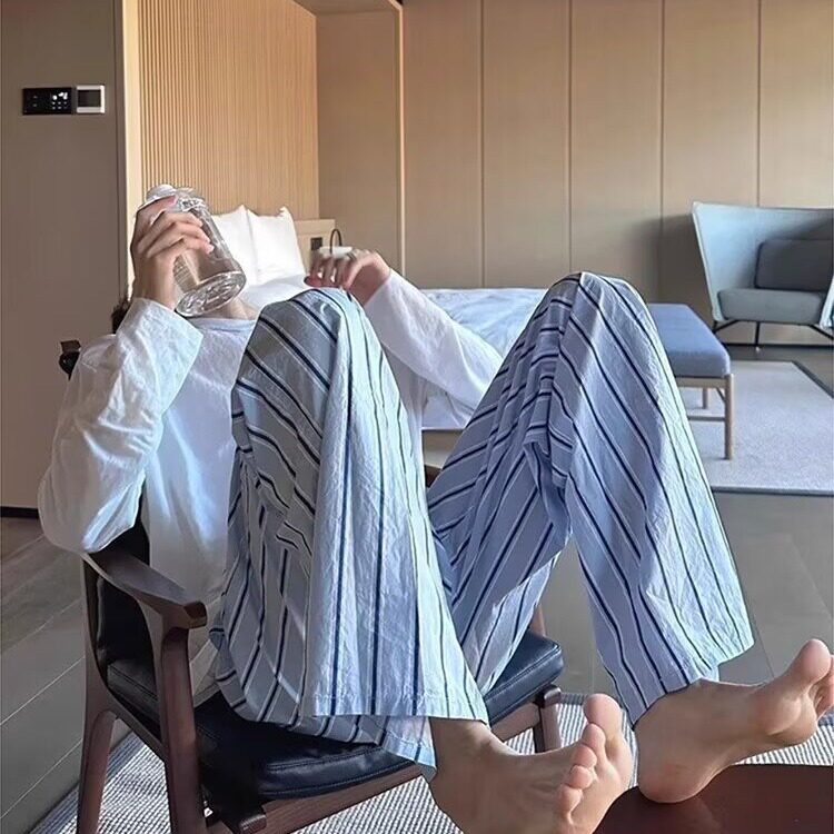 设计感小众蓝色条纹休闲阔腿长裤男夏季薄款居家外穿显瘦遛弯裤子,男装休闲裤,星座506A