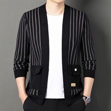 针织衫外套男春秋季新款开衫潮流长袖条纹中年男士休闲上衣打底衫，男装针织衫/毛衣，电商B212（原钱塘6029）
