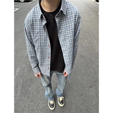 1506/QC160/P39美式高街蓝色格子衬衫叠穿衬衣潮牌情侣外套，男装衬衫，星座1506