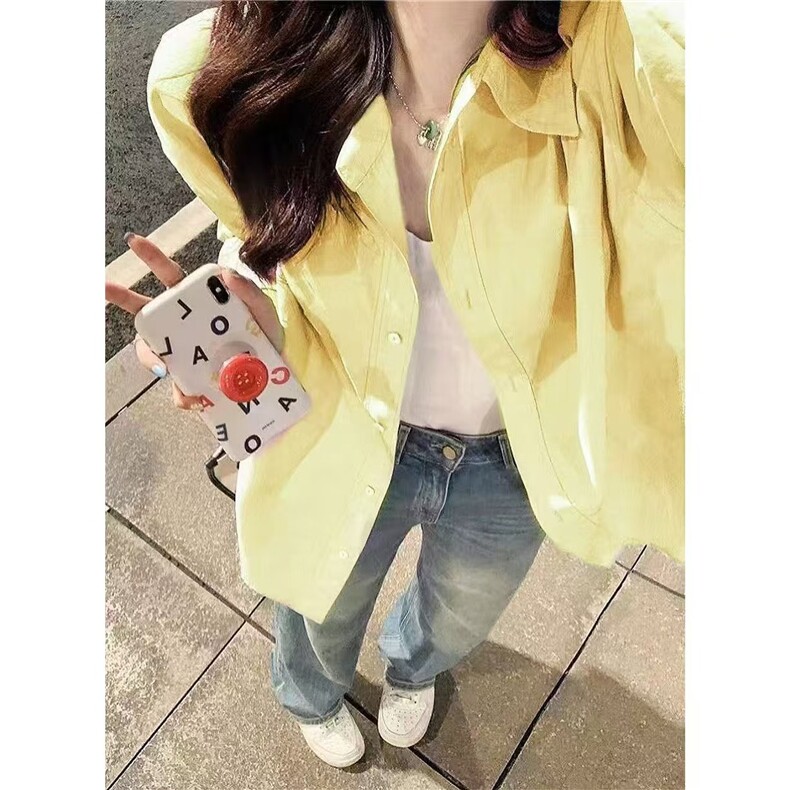 多巴胺纯棉奶黄色翻领衬衫女新款小众设计百搭显宽松长袖衬衣外穿,男装衬衫,星座1210-1