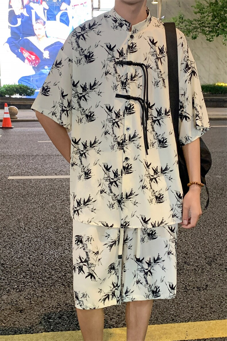 2025夏季新中式冰丝垂感花衬衣宽松休闲五分套装男TZ655-P58控78,男装休闲套装,电商C305A