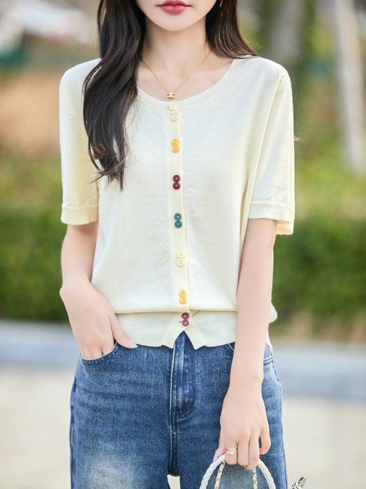 甜辣小上衣宽松正肩短袖女夏季设计感针织短款t恤,女装T恤,百色羊绒
