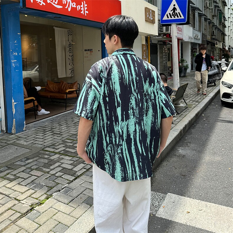 CS506～批35控49有货（自家图）黑白水墨花痞帅衬衫男生短袖夏季,男装衬衫,星座218-5