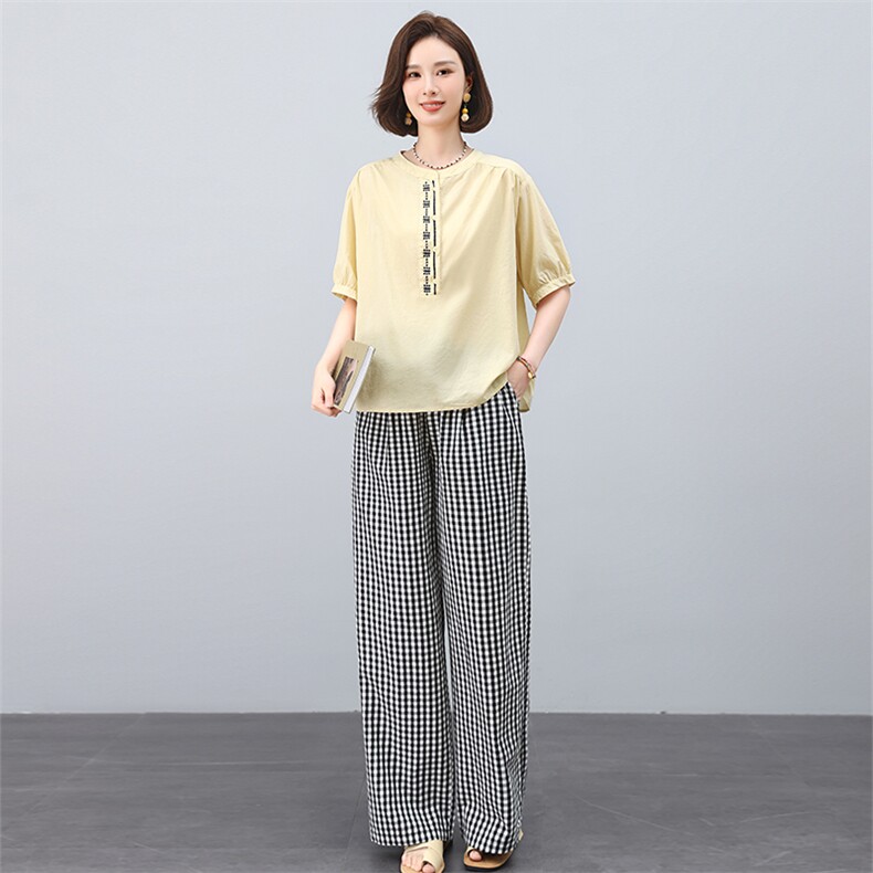 叶笙衣套装2538-133宽松刺绣T恤格子裤套装,女装套装/套裙,叶笙衣