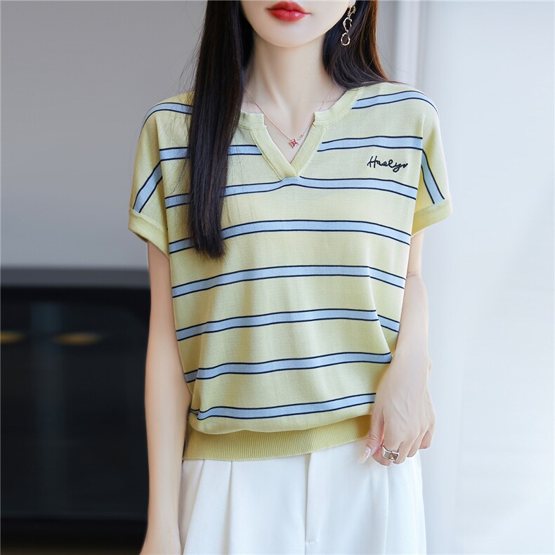 半开V领莱赛尔天丝针织短袖T恤女条纹拼色刺绣上衣宽松半袖打底衫,针织衫/毛衣,唐诺