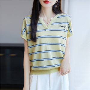 半开V领莱赛尔天丝针织短袖T恤女条纹拼色刺绣上衣宽松半袖打底衫图片