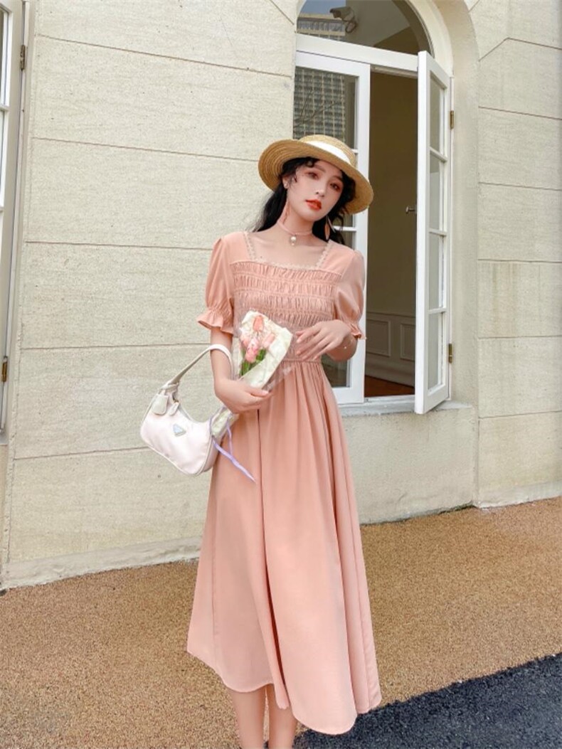 净色夏季连衣裙，女装连衣裙，安玖拉