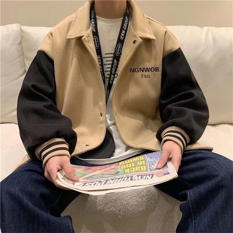 复古棒球服外套拼接设计感学生排扣毛呢夹克毛呢外套Y6539P65,男装夹克,星座1116-2