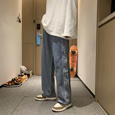 新款个性牛仔排扣裤男士直筒宽松休闲裤子宽松休闲百搭k90-p40图片