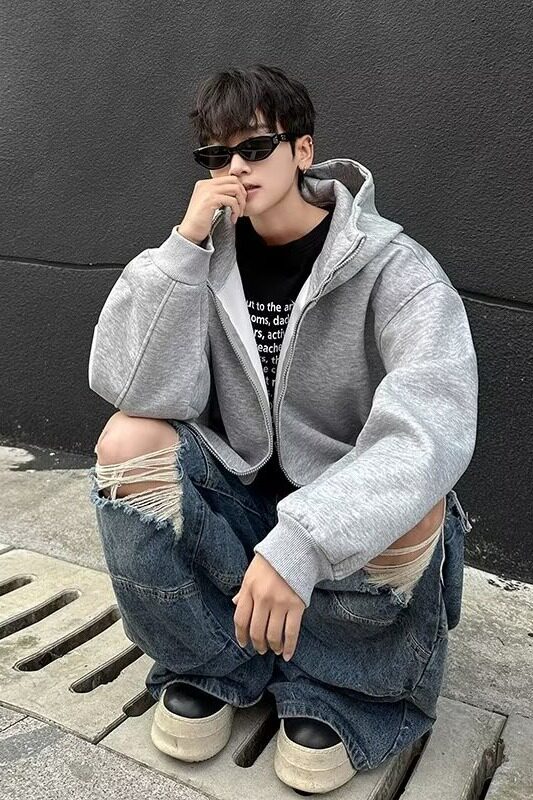 廓形连帽开衫卫衣外套简约复古宽松休闲慵懒拉链WY187-P57,男装卫衣,星座313A-2