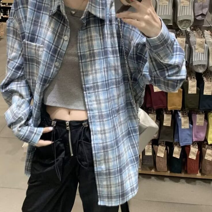 慵懒风蓝色格子衬衫外套女早春秋2025新款宽松衬衣设计感高级上衣,男装衬衫,星座1210-1