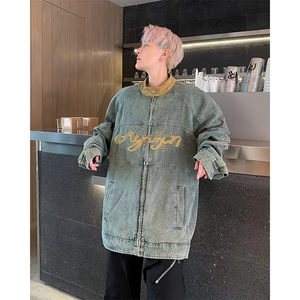 美式潮牌刺绣贴布小众设计水洗做旧春秋立领机车牛仔夹克男女外套图片