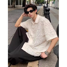 潮风新中式毛边短袖衬衫男夏季设计感复古小众上衣CX015，男装T恤，星座1116A（原606A-3）