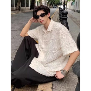 潮风新中式毛边短袖衬衫男夏季设计感复古小众上衣 CX015图片