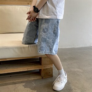 夏季潮流腰果花牛仔短裤男宽松ins港风五分裤  A125-DK19-P38图片