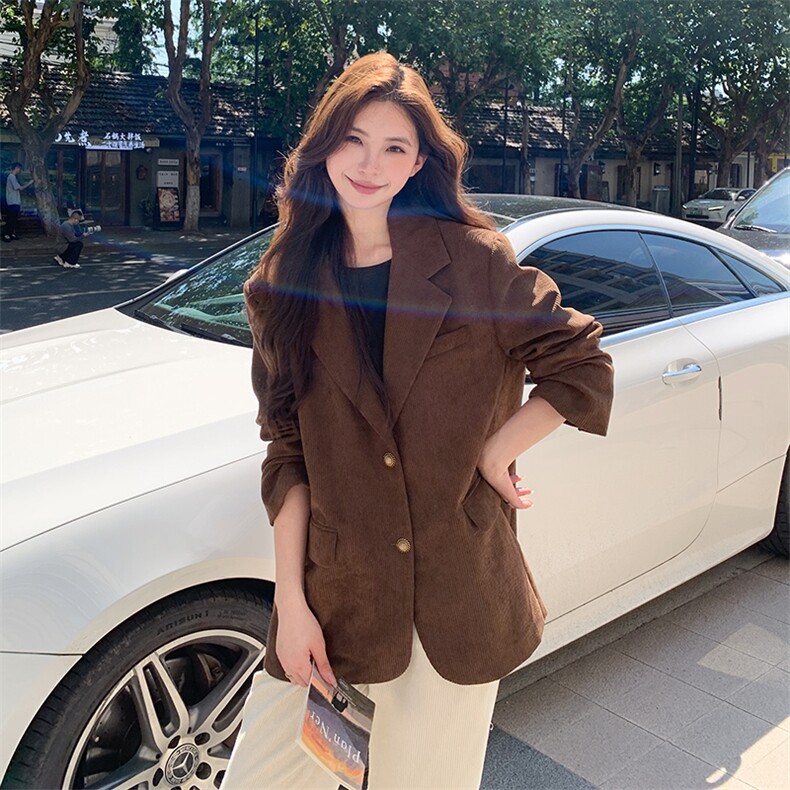 复古蒙德拉灯芯绒咖色西装外套2024春秋女高级感宽松休闲百搭上衣图片