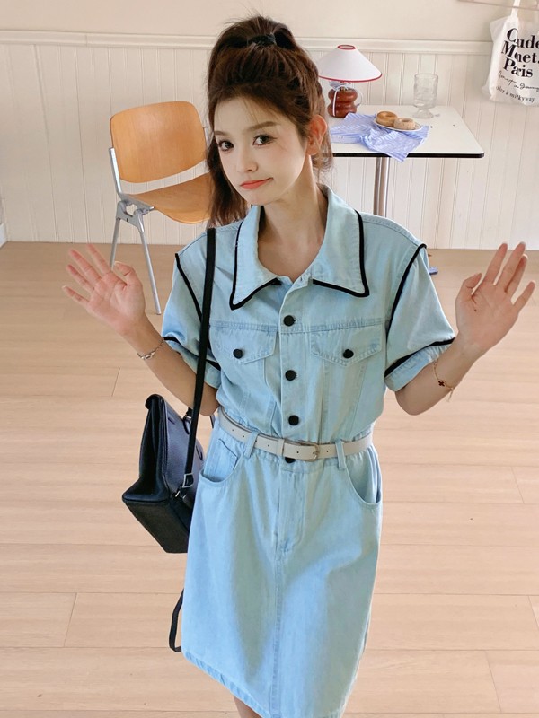 复古牛仔连衣裙女2025夏季新款韩系气质时尚收腰显瘦超好看工装裙,女装连衣裙,浙宝128A