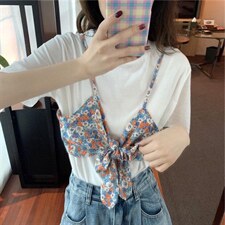 心机碎花假两件短袖t袖，其它，喜午