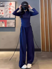 女初秋新款休闲运动套装气质减龄修身立领纯色上衣阔腿长裤两件套，女装套装/套裙，江南