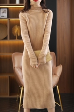 百搭女秋冬羊毛连衣裙半高领修身显瘦长袖针织裙气质保暖毛衣裙，女装连衣裙，暖思雅